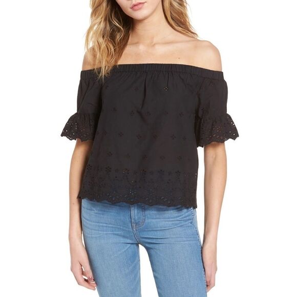 𝅺Madewell Off the Shoulder Eyelet Lace Top Black XXS - Picture 1 of 11